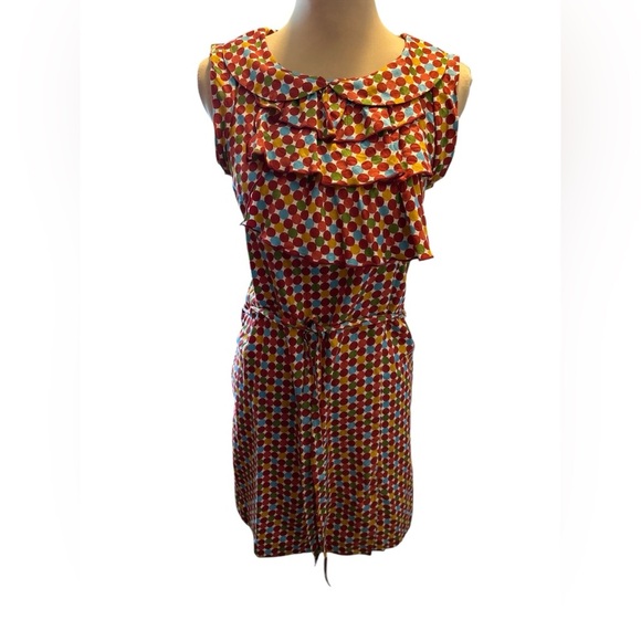 Uncle Frank Ruffled Bodice Multicolor Dot Midi Dress Belted Zip Up Back Sz Small - Picture 1 of 8